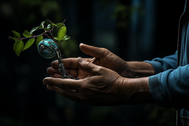 Closeup of robotic hand holding large apple detailed focus on apple and mechanical hand