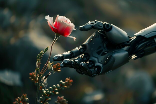 A closeup of a robotic hand reaching out to touch a delicate pink rose A robotic arm reaching out to touch a delicate flower