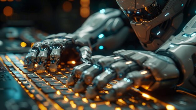 Closeup of Robotic Hand Typing on Keyboard