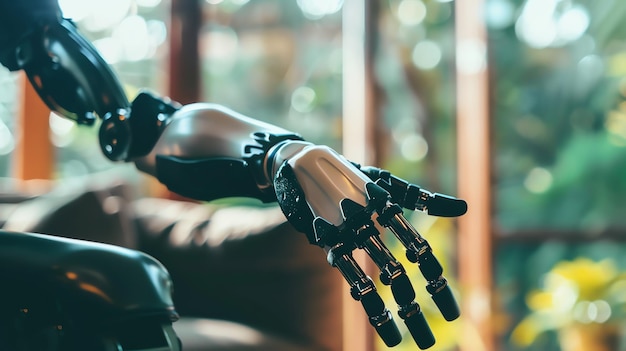 A closeup of a robotic prosthetic hand against a blurry background of a window with foliage