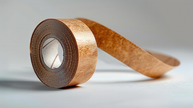 Closeup of a roll of brown tape on a grey background Ideal for packaging crafts and various sealing applications