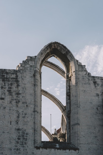 Closeup of the roofless Carmo gothic church in Lisbon Portugal