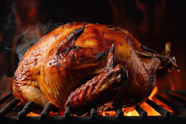 Closeup of rotisserie chicken with smoke and flames visible created with generative ai