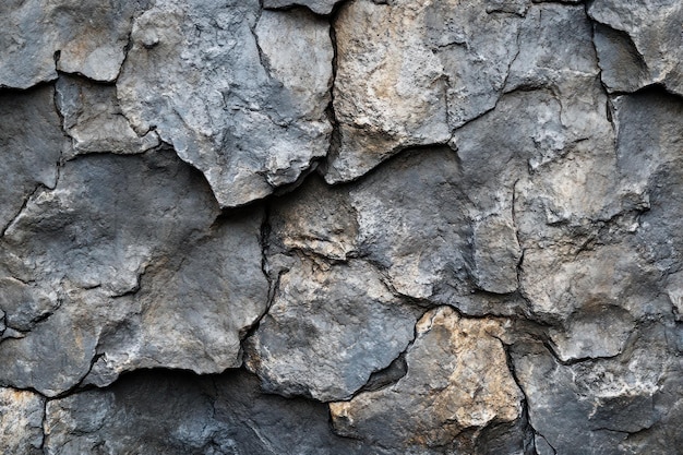 Photo closeup of a rough gray rock face with cracks and texture