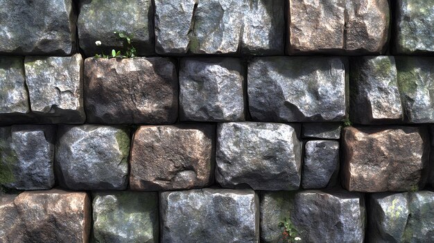 A CloseUp of a Rough Stone Wall With Patches of Green Moss and Small Plants Growing in the Cracks