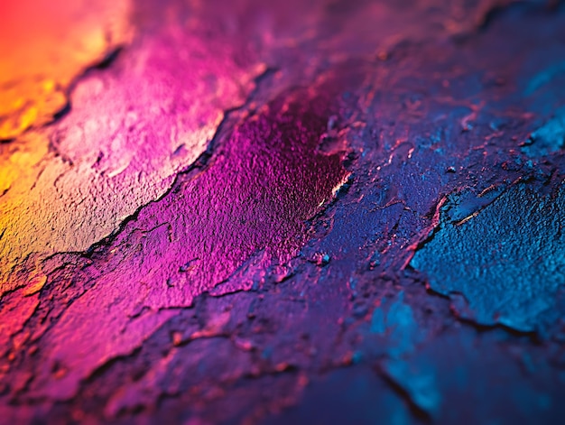 Closeup of a rough textured surface with vibrant iridescent colors reflecting light in shades of blue orange and purple