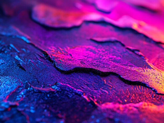 Closeup of a rough textured surface with vibrant iridescent colors reflecting light in shades of blue orange and purple