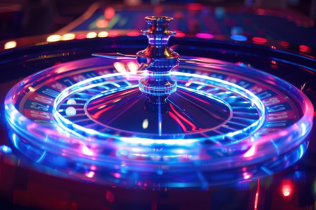 A closeup of a roulette wheel with blue and pink lights