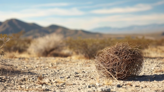 Photo closeup of a round tumbleweed on the desert floor with mountains in the distance