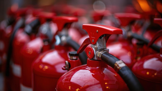 Closeup of a row of red fire extinguishers highlighting fire safety and emergency preparedness equipment