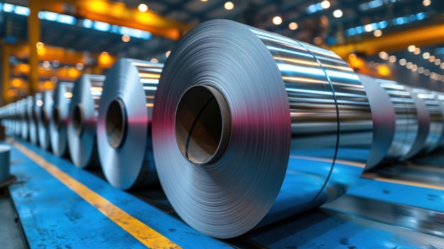 Closeup of a row of steel coils in a factory setting