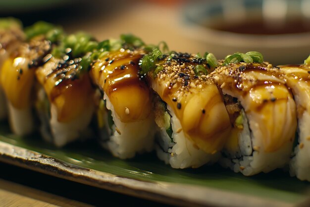 Closeup of a row of sushi rolls with teriyaki glaze sesame seeds and green onions on a green plate