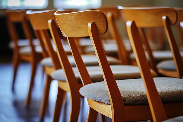 Closeup of a Row of Wooden Chairs with Gray Cushions