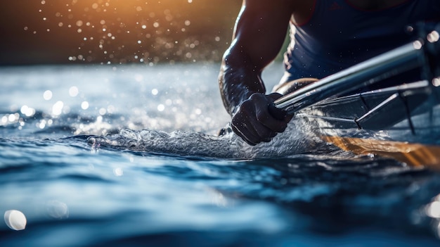 Closeup of rower's powerful stroke on reflective water