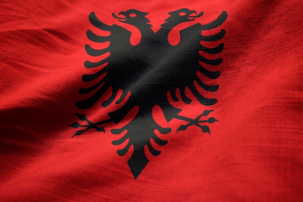 Closeup of Ruffled Albania Flag, Albania Flag Blowing in Wind