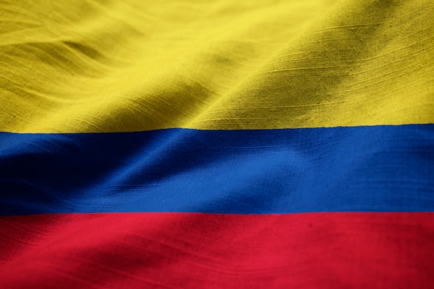 Closeup of Ruffled Colombia Flag, Colombia Flag Blowing in Wind