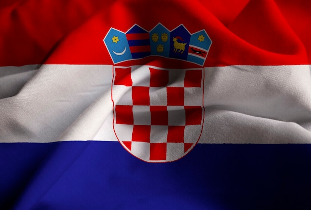 Closeup of Ruffled Croatia Flag, Croatia Flag Blowing in Wind