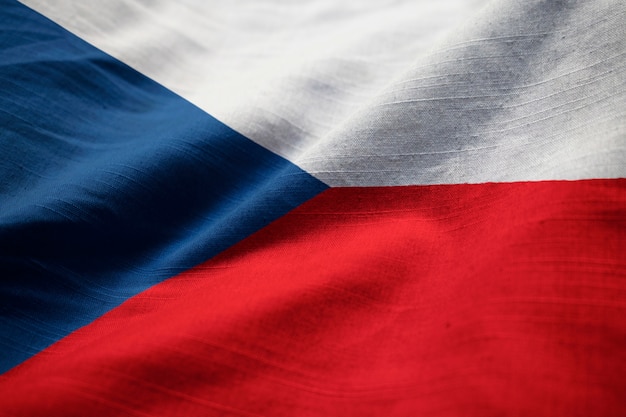 Closeup of Ruffled Czech Republic Flag, Czech Republic Flag Blowing in Wind