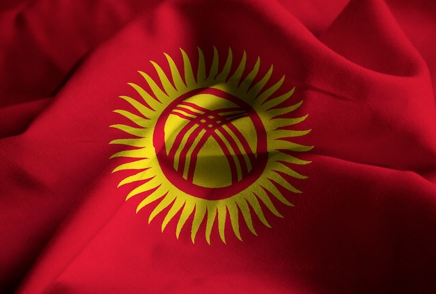 Closeup of Ruffled Kyrgyzstan Flag, Kyrgyzstan Flag Blowing in Wind