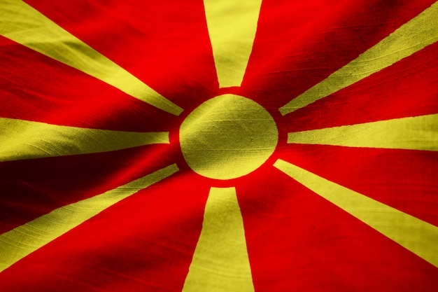 Closeup of Ruffled Macedonia Flag, Macedonia Flag Blowing in Wind