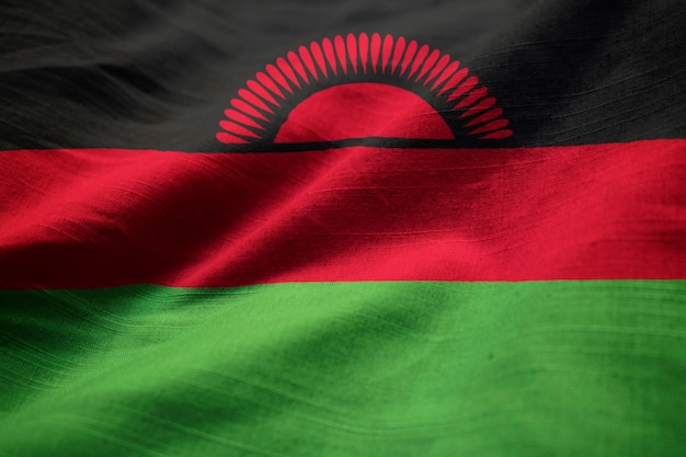 Closeup of Ruffled Malawi Flag, Malawi Flag Blowing in Wind