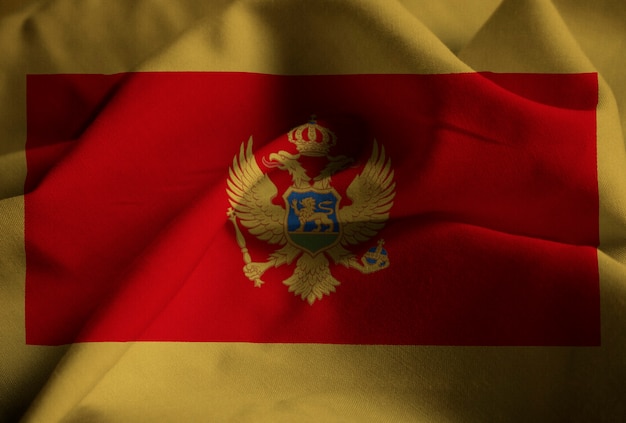 Closeup of Ruffled Montenegro Flag, Montenegro Flag Blowing in Wind