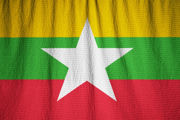 Closeup of Ruffled Myanmar Flag, Myanmar Flag Blowing in Wind