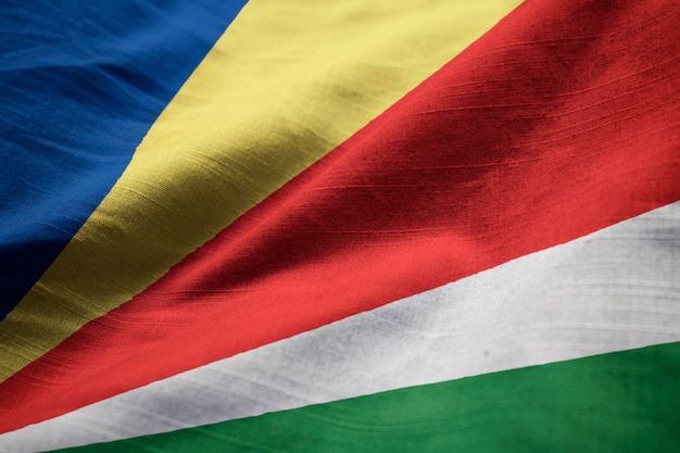 Closeup of Ruffled Seychelles Flag, Seychelles Flag Blowing in Wind