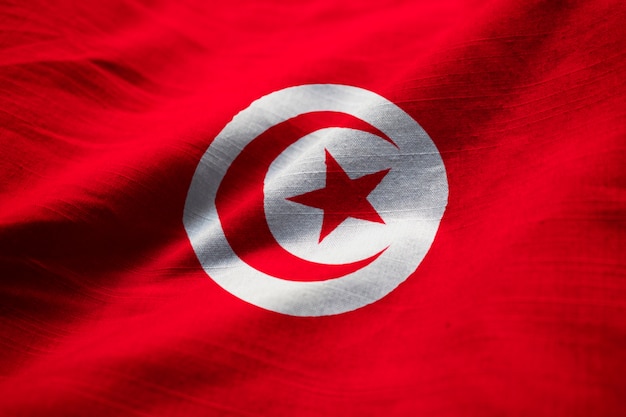 Closeup of Ruffled Tunisia Flag, Tunisia Flag Blowing in Wind