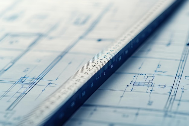 Photo closeup ruler on blueprints