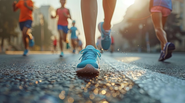 Closeup of Runner39s Foot and Blue Sneaker on Wet Pavement