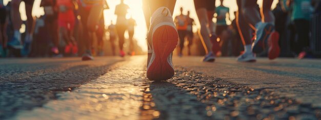 closeup of a runners feet and legs during a marathon at dusk with other competitors in the background