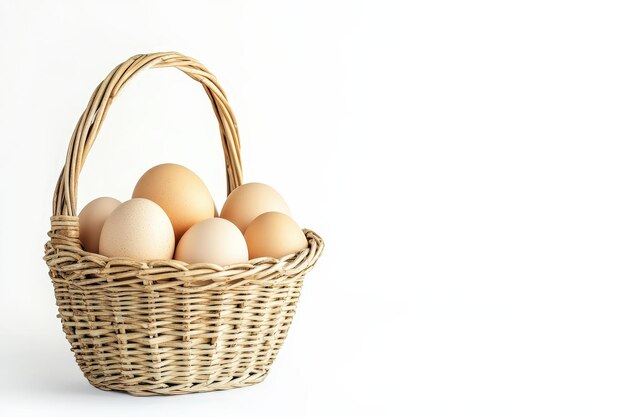 Photo closeup of a rustic basket filled with farmfresh brown eggs on a wooden table