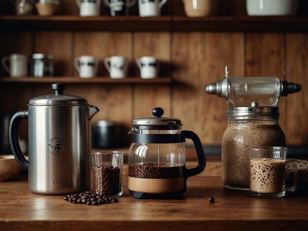 CloseUp Rustic Coffee Corner with Fresh Beans French Press