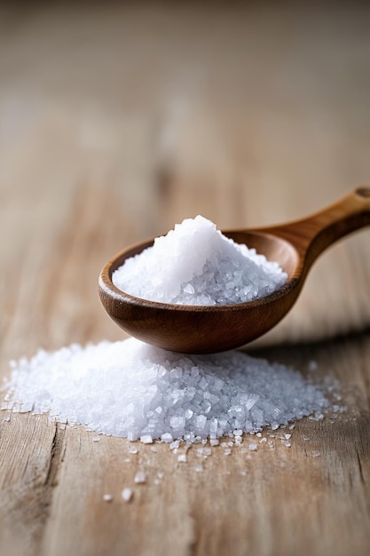 Closeup of a rustic spoon brimming with coarse salt grains highlighting the texture