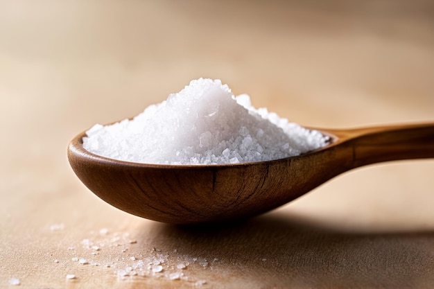 Closeup of a rustic spoon brimming with coarse salt grains highlighting the texture