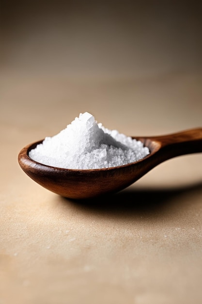 Closeup of a rustic spoon brimming with coarse salt grains highlighting the texture