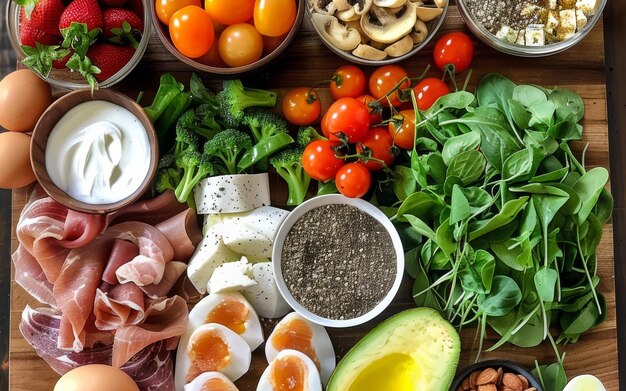 Photo closeup of a rustic wooden cutting board overflowing with fresh vegetables