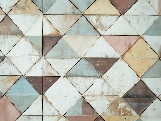 Photo closeup of a rustic wooden mosaic featuring reclaimed tiles in various colors and textures arranged in a diamond pattern