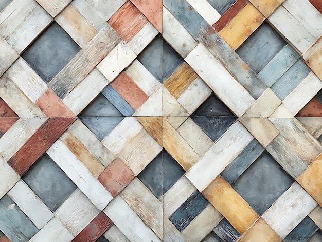 Photo closeup of a rustic wooden mosaic featuring reclaimed tiles in various colors and textures arranged in a diamond pattern