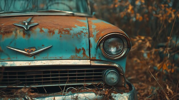 Photo closeup of a rusty blue vintage car with a chrome headlight and grille