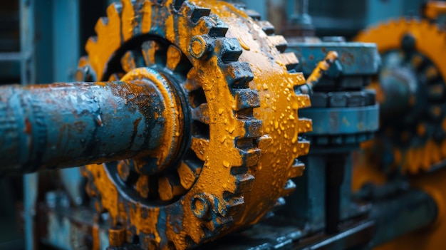 Photo closeup of rusty industrial gears in a factory setting highlighting machinery and mechanical components