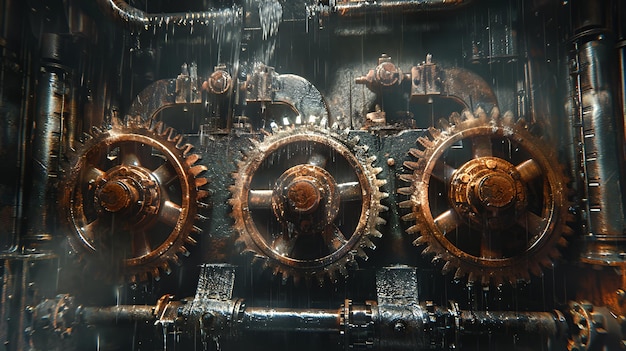 Closeup of rusty industrial gears with dripping water