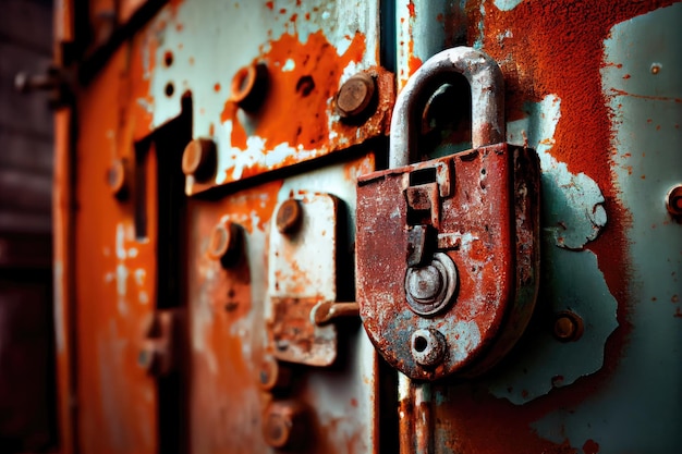 Closeup of rusty lock on industrial door with broken windows and peeling paint in the background