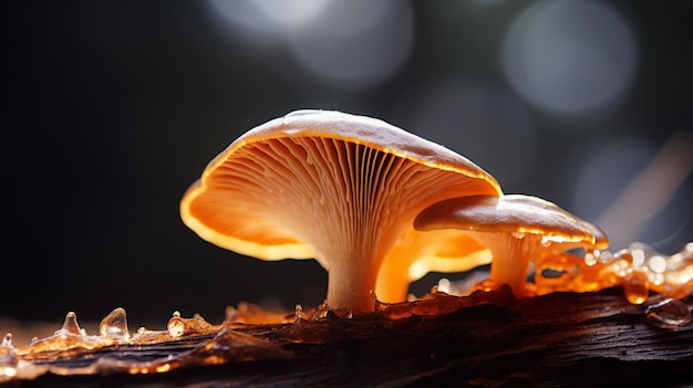 Closeup of the Sajorkaju mushroom on a black background Peachcolored gills are visible on the underside