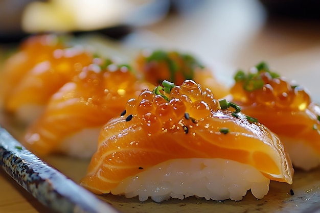 Closeup of salmon nigiri sushi topped with ikura salmon roe black sesame seeds and chives