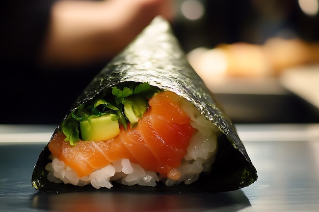 Photo closeup of a salmon sushi roll with avocado and green onions