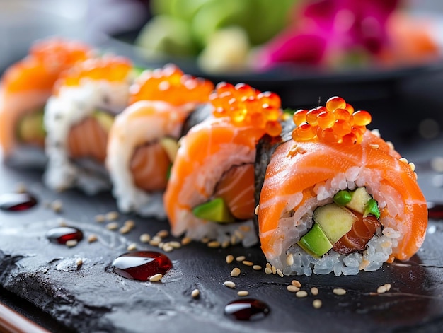 CloseUp of Salmon Sushi Rolls with Caviar