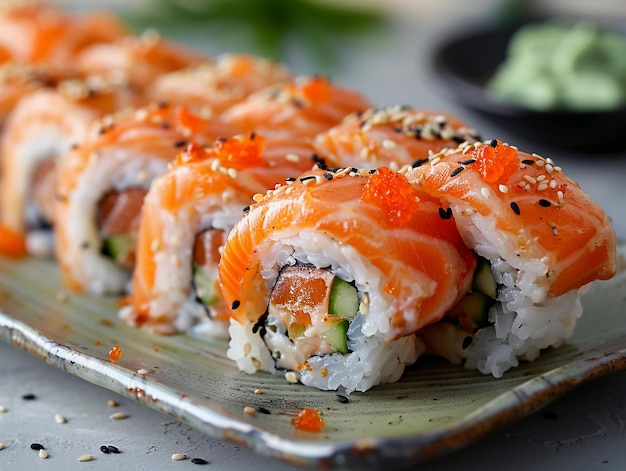 Closeup of Salmon Sushi Rolls with Roe and Sesame Seeds