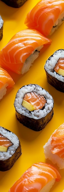 Closeup of salmon sushi rolls on yellow background